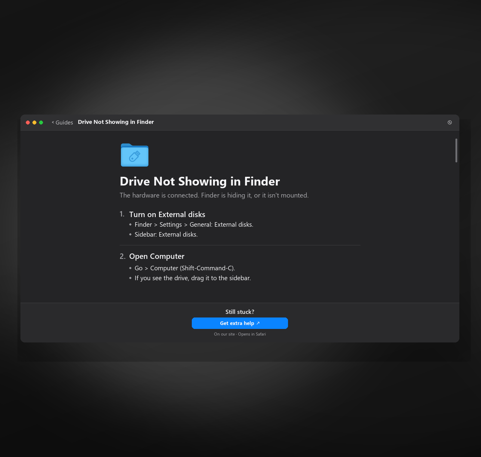 A guide with steps and a help button